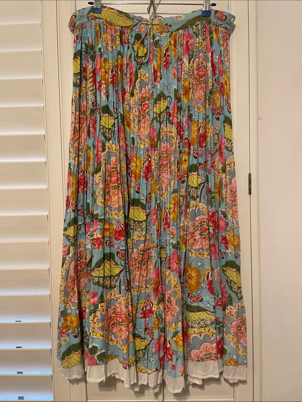 Blue Floral Pleated Maxi Skirt with Elastic Waist